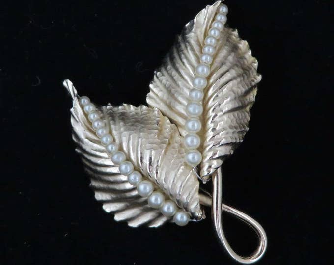 Napier Leaf Brooch, Vintage Faux Pearl Double Leaf Gold Tone Brooch, Signed Napier Jewelry Gift for Her, Gift Box