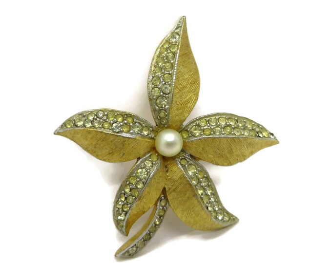 Vintage Poinsettia Brooch - Signed Weiss Faux Pearl Gold Tone Brooch, Gift for Her