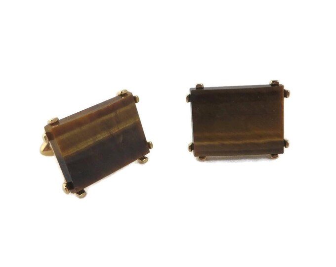 Tiger Eye Cufflinks, Vintage Gold Tone Cufflinks, Brown Stone Cuff Links, Men's Jewelry