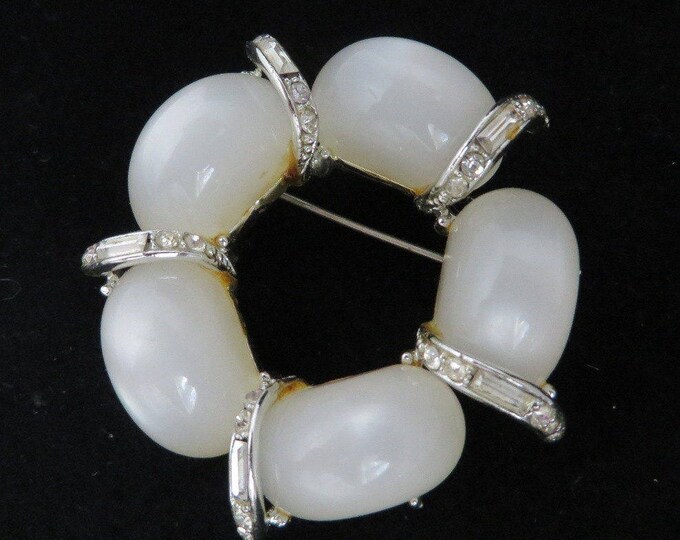 Kramer Brooch - Vintage White Moonstone Pin, Signed Designer Brooch, Crystal Baguette Wreath Pin, Gift Boxed