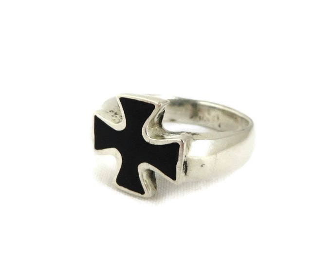 Sterling Silver Cross Ring - Black Enamel Cross Ring, Unisex Ring, Size 11