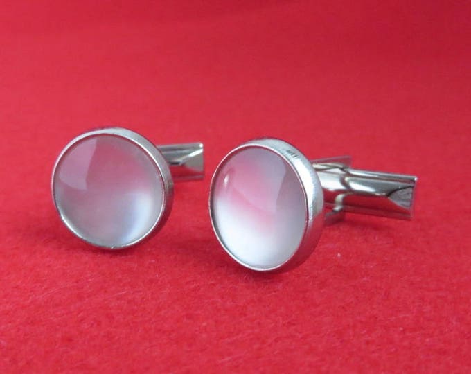 ON SALE! White Moonstone Cufflinks Vintage Silver Tone Round Cabochon Cuff Links Men's Formal Wear Suit Accessory Gift Idea