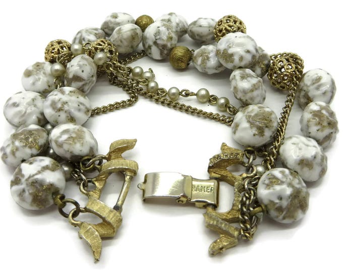 Kramer Glass Bead Bracelet Vintage Designer Signed Triple Strand White and Gold Bracelet