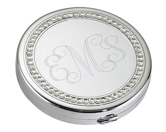 Round Silver Personalized Compact Mirror with Crystal Accents with Interlock Monogram Wedding Favors and Bridesmaid Gifts FC122