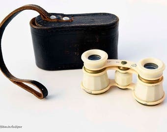Vintage 1960s Soviet Small Brass and Ivory Bakelite Theater Opera-Glasses Theatrical Binoculars with Original Leather Case. Made in USSR