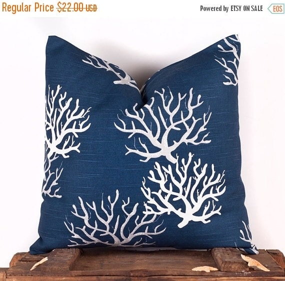 SALE ENDS SOON Navy Coral Pillow Cover Beach Decor Florida