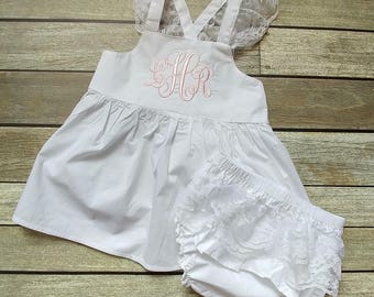 White Lace Romper White Lace Dress Baby Girl Cross Back Bow Back Bloomer Set Personalized Baby Outfit First Birthday Outfit