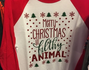 Merry Christmas ya Filthy Animal Glitter Baseball Style Tshirt