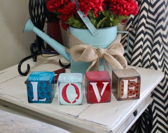 Love blocks, rustic wooden, shabby chic, country, hearts, Valentines gift