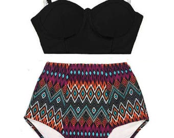 Black Midkini Top and Tribute Print Printed Highwaisted High Waisted Waist High-Waist Bikini set 2pc Swimsuit Swimwear Bathing suit S M L XL