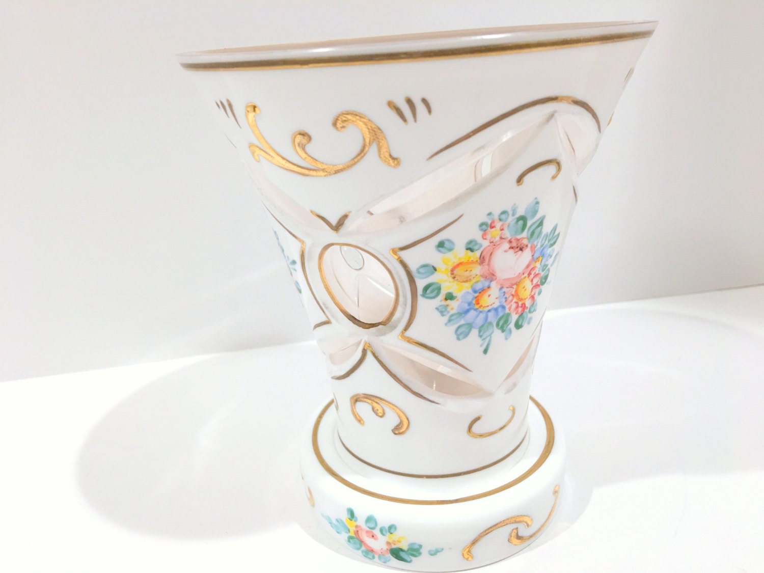 Cut to Clear White Vase, Cut Glass Vase, White Gold Vase, White Overlay