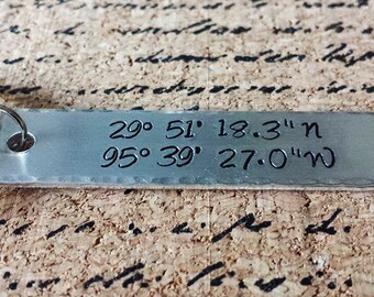 Latitude Longitude Keychain - Coordinates Long Distance Relationship Birthday Anniversary Hand Stamped