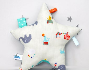 Star Pillow, Baby Tag Toy, Stuffed Toy, Tag Toy, Sensory Toy, Baby Boy Gift, Star Plush, Circus Nursery, Star Baby Toy, Baby Toy Cream Blue
