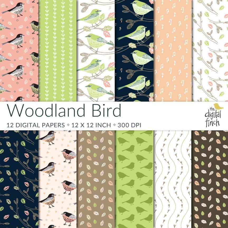 Woodland Bird Digital Paper Pack scrapbooking paper