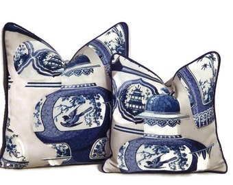Blue and White Porcelain Pillows- Blue,White and Gray Pillow covers-Ming Ware Dove Gray Pillow covers-Chinoiserie Pillow covers