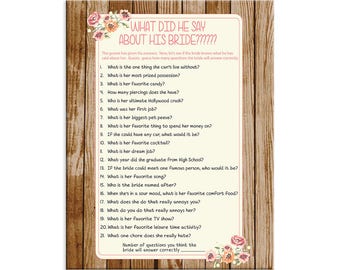 Bridal Shower Game, What did he say about his Bride, Instant Download, Wedding Shower, Game Couples, Wood, Coral