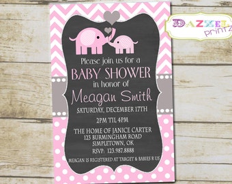 Elephant Baby Girl Shower Invitation, Pink and White Elephant Baby Shower Invite, Lil Peanut Baby Shower Invitation, Girls Baby Shower, 1006