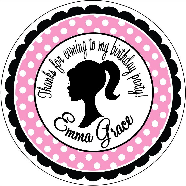 Barbie Silhouette Pink Polka Dot Personalized Birthday Labels