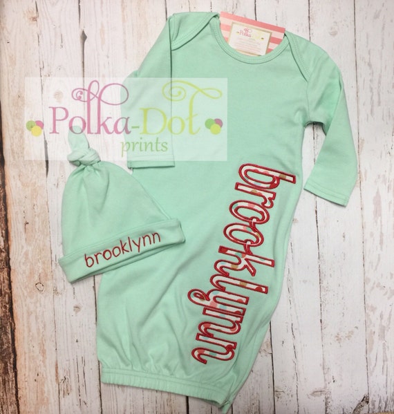 Embroidered infant gown hat & burp cloth