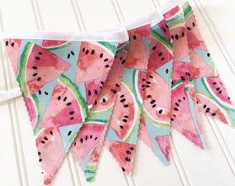 Summer Bunting Banner, Party Decor, Watermelon Banner, Summer Decor, Nursery Decor, Photo Prop, Fabric Bunting, Bunting, Garland