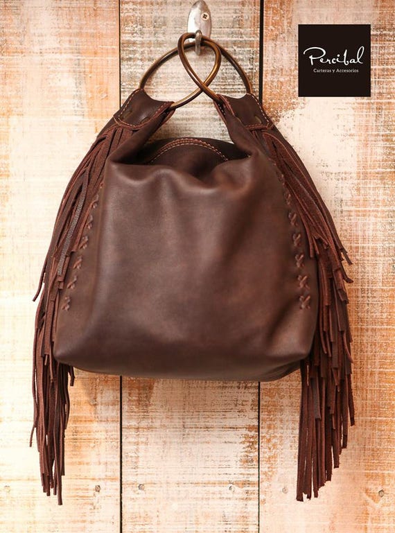 Chocolate brown leather bag soft leather handbag fringes