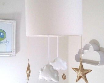Pale Cream Star Lampshade, Gold Star Mobile, Glitter Stars, Cloud Baby Mobile, Nursery Girl Decor, Star Nursery Decor, Cloud Nursery Decor,