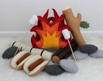 Felt Campfire, Play Campfire, Toy Campfire Play Set, Pretend Fire, LED Light Up Fire, Logs, Rocks, Play Food, Teepee, Tents