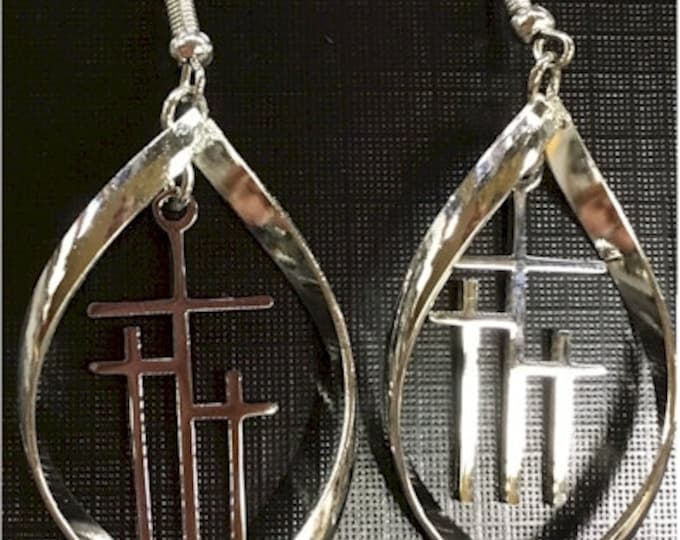 Infinity Twist Hoop Calvary 3 Cross Earrings Necklace Silver Gold Christian Religious - Saint Michaels Jewelry - Calvary Three Cross