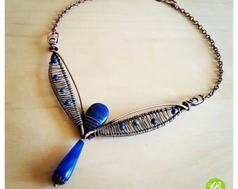 Wire lapis necklace, copper wire necklace royal blue lapis lazuli collar necklace handmade, copper wire jewelry, wire wrapped jewelry lapis