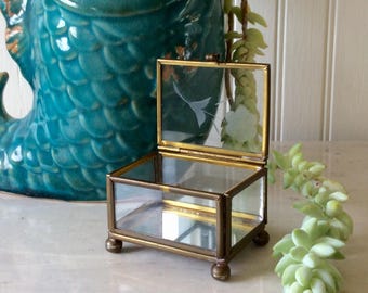 Vintage Small Glass & Brass Faceted Trinket Box, Footed Ring Box, Etched Flower, Wedding, Mid Century, Cottage, Vanity Decor