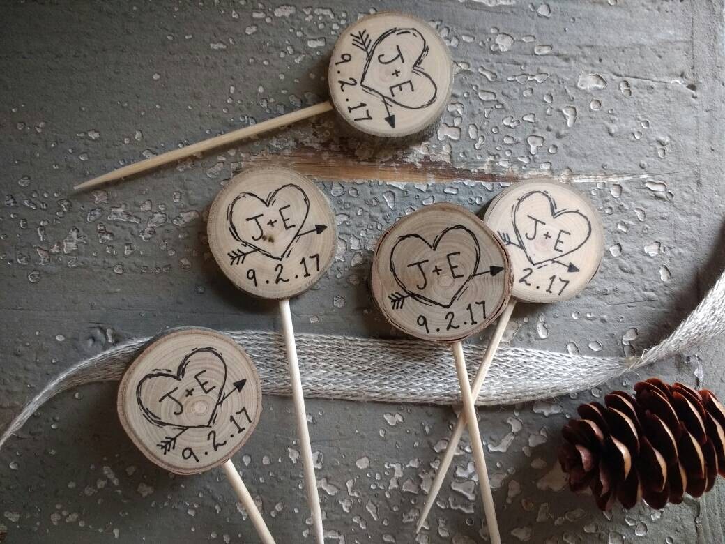 Rustic Wedding Decor Cupcake Toppers Custom Initials & Date