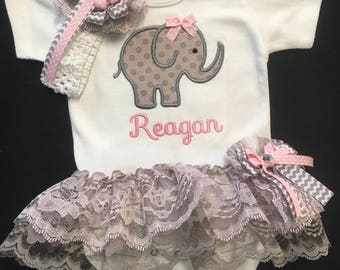 Newborn Baby Girl Monogrammed Bodysuit Appliqued Elephant Baby Girl Lace TuTu Baby Girl Clothes Baby Girl Headband Coming Home Pictures