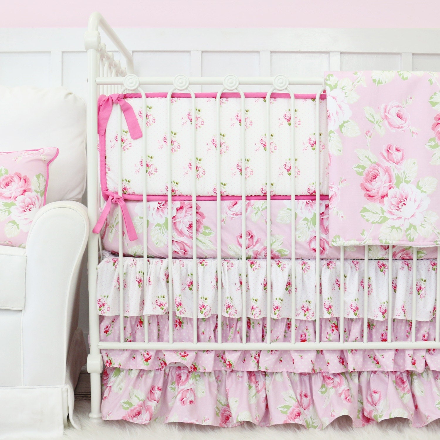 Shabby Chic Rose Ruffle Baby Girl Bedding Set Vintage Baby