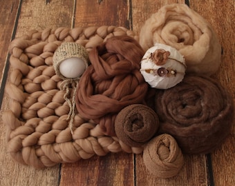 Bulky knit blanket, Coordinated prop set, Basket stuffers, Wool props, Organic props, Neutral props, Photography props, Newborn photo props