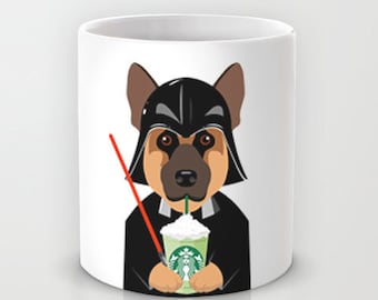 Personalized mug cup designed PinkMugNY - I love Starbucks - German Shepherd wearing a Darth Vader costume