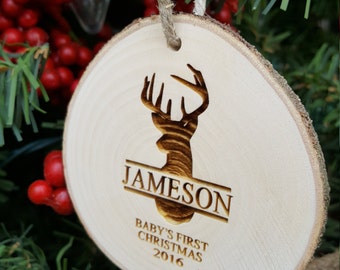Deer Christmas Ornament - First Christmas Ornament - Engraved Wood Slice Ornament - Personalized Ornament