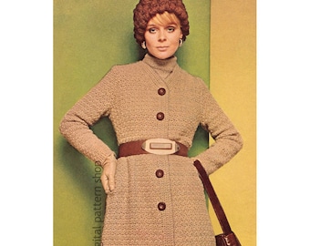 Long Coat Crochet Pattern 1970s Belted Midi Coat & Cloche Hat Pattern Womens Printable Instant Download PDF - C205
