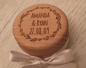 Engraved personalised wooden wedding ring box with satin ribbon