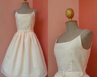 Beach Dress Sundress Summer Dress Yellow White Striped Cotton Strap Dress Midi Knee Length Size S Small