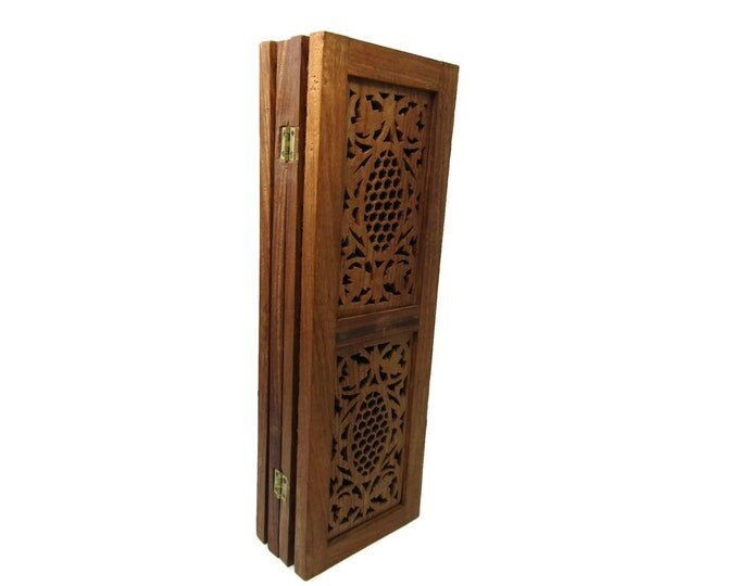 Vintage Mid Century Indian Wood Screen Divider - Folding Hand Carved Panels - Small Folding Table Top Screen Art Piece