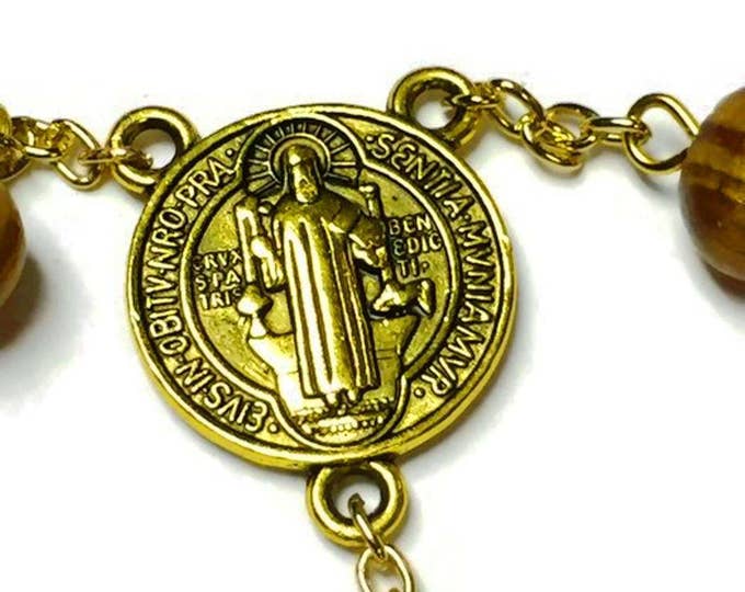 Holy Land Olive Wood Bead Rosary // Catholic Heirloom // Unique Gold St Benedict Medium Crucifix Cross Pendant // Spiritual Jewelry Mom Teen