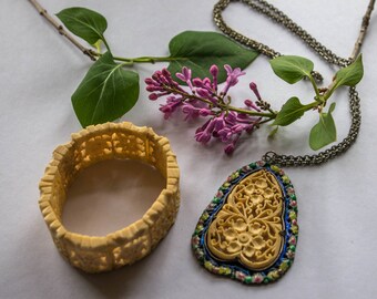 Vintage Chinese Carved Bone Bracelet with Carved Bone and Enamel Pendant