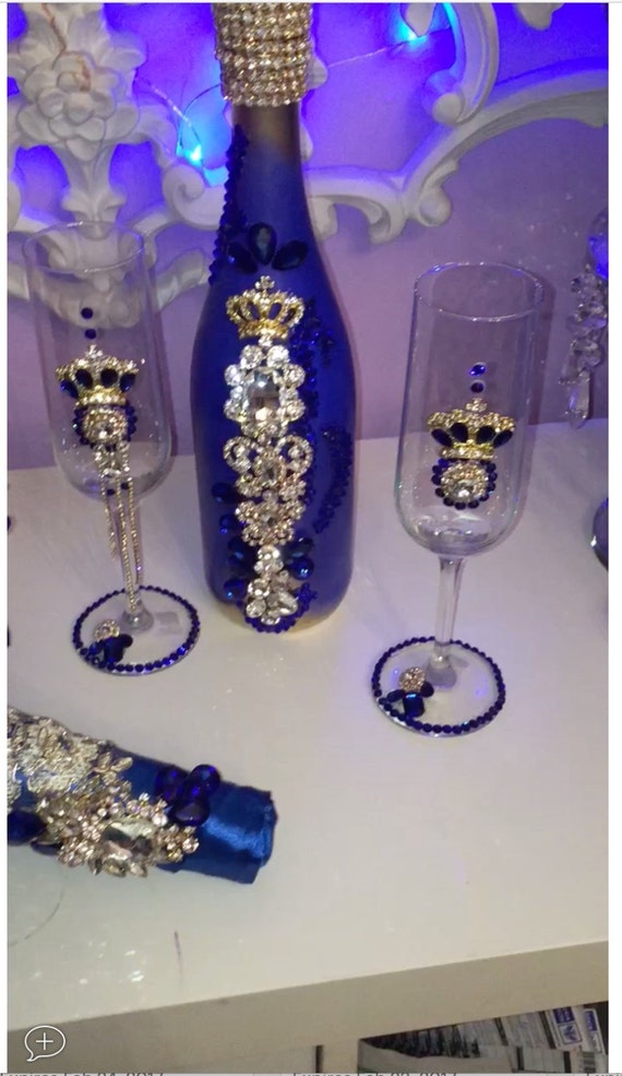 Quinceanera Champagne Set Royal Blue with Crowns.