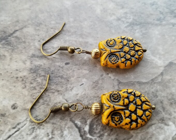 Boho yellow owl earrings, yellow ceramic owl earrings, ceramic owl earrings, ceramic owl jewelry, owl jewelry