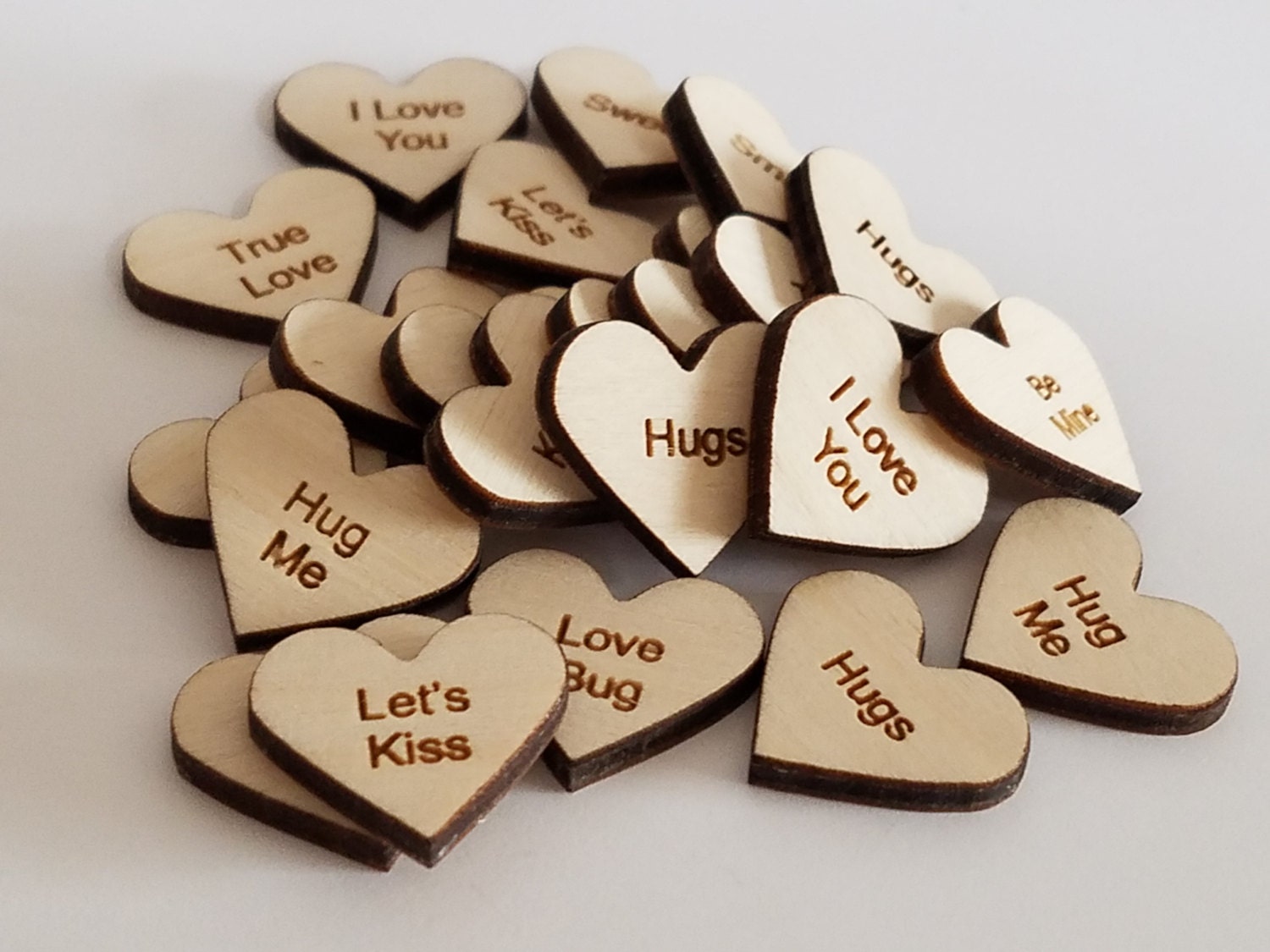 Set of 24 Wooden Laser Engraved Valentine Message Hearts 1