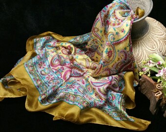 Silk Scarf, Gold Mustard Retro Paisley Print 100% Silk Square Scarf, Gold & Gray Sheer Extra Large Silk Scarf, Scarf Gift Under 25 dollars