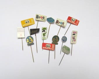 Vintage advertising lapel pins: job lot of 14 chocolate badges. Collectible or for use in crafts, altered art, collage, mixed media. OT579