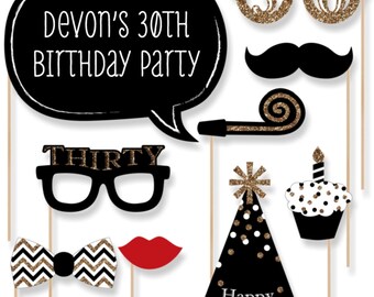 30th Birthday - Gold Party Photo Booth Props - Adult Birthday Party Photobooth Kit with Custom Talk Bubble - 20 Pieces