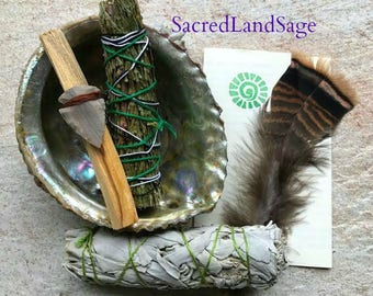 Smudge Kit~ FRESH Start: White Sage/ Palo Santo/ Cedar/ Sml Abalone Shell/ Feather/ Arrow/ GIFT Starter Kit. Smudge Instructions