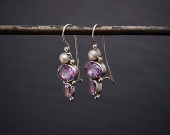 Amethyst Drops, Amethyst Pearl and Silver Earrings, Faceted Amethyst Earrings, Birthstone Jewellery, February Birthstone, Sterling Silver